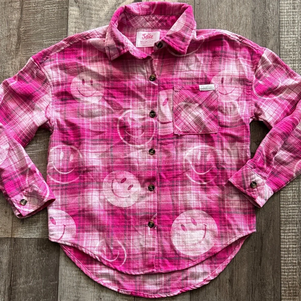 JUSTICE Pink Plaid Button Down Shirt- size 10